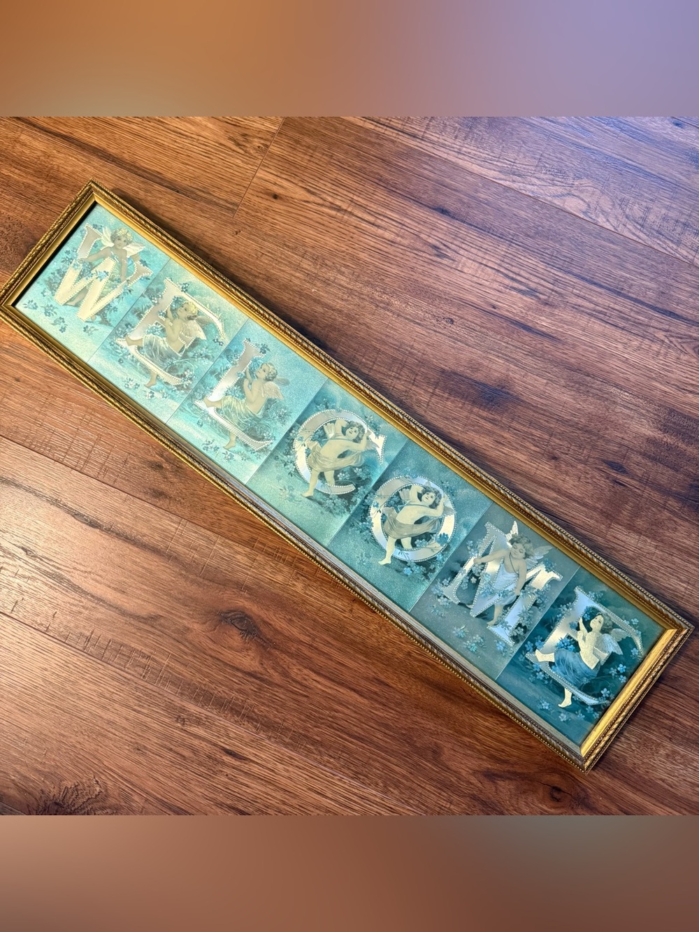 Cherubs WELCOME Foil Letters Metallic Gold Frame Vintage Wall Art 90s Y2K Angels
